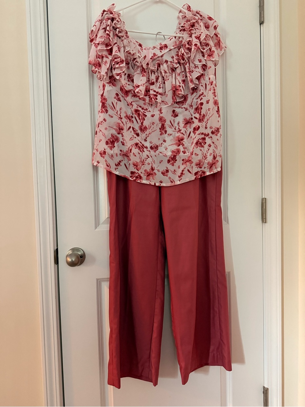 Floral Ruffle Off-Shoulder Top and Wide-Leg Pants Set in Dusty Rose